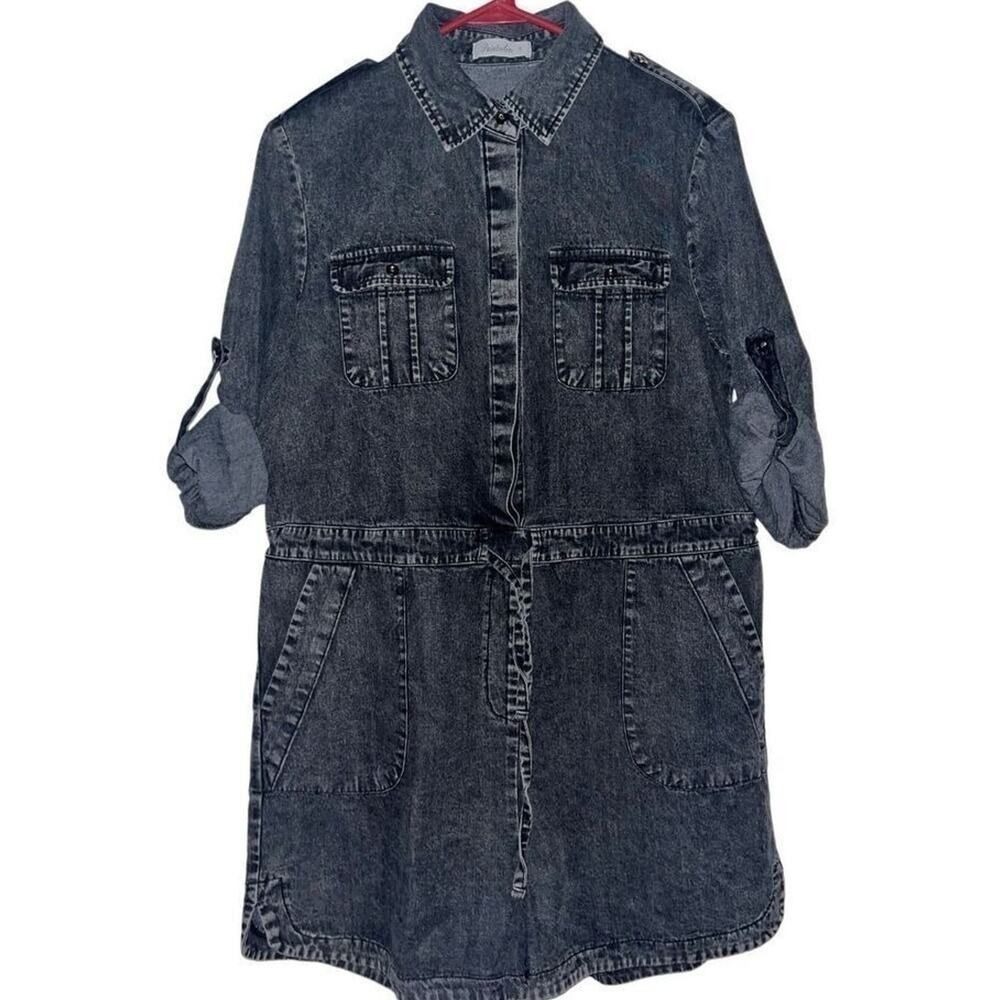 Paintcolors Womens Dark Wash Denim Shirt Dress Gray Acid Wash Utility Mini Small